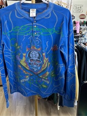 Ed Hardy Royal Blue Graphic Crewneck Skull Henley